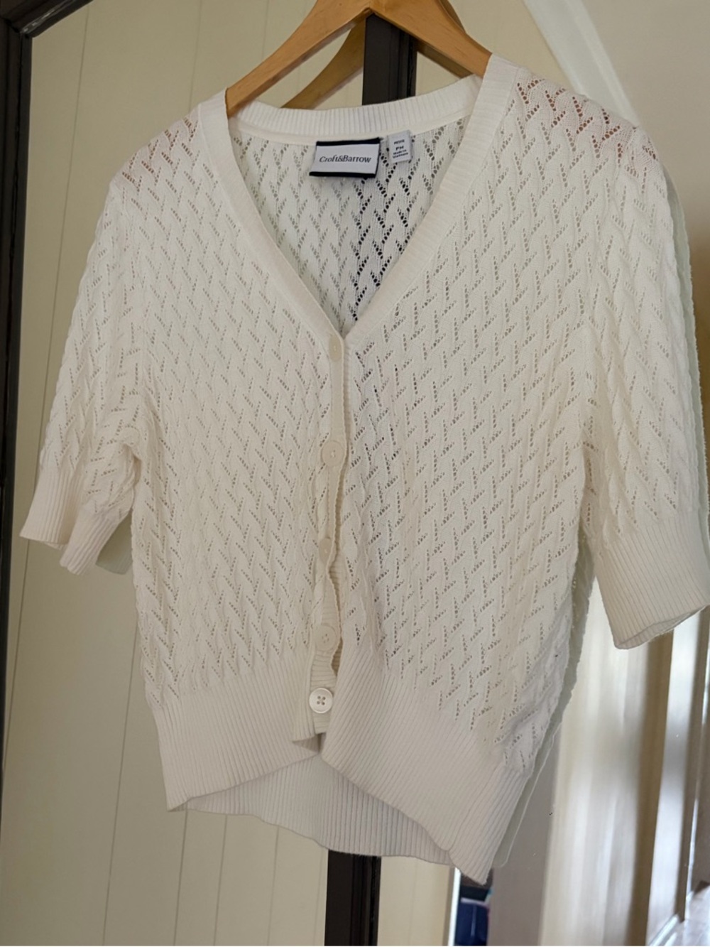 Croft and Barrow Women's Cream Short-Sleeve Crochet Cardigan Sweater